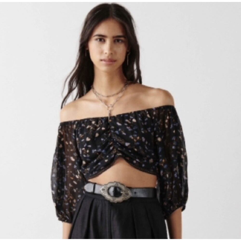 NWT ba&sh Bash Black Topaz Crop Top Puff Sleeve Boho Size Large